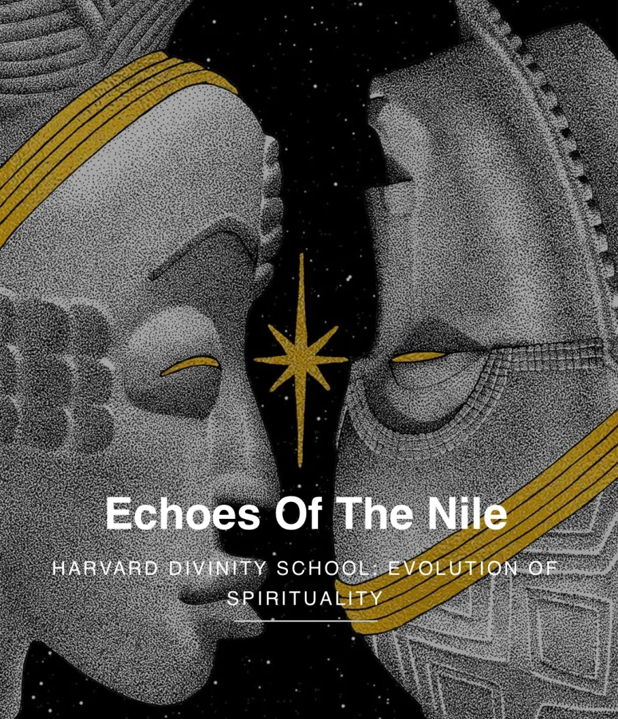 Illustration of two Afro-centric mask faces with golden accents against a starry background, titled "Echoes Of The Nile" for Harvard Divinity School.