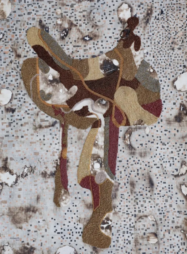 An abstract textile artwork featuring intricate beadwork in earthy tones, layered against a textured, patterned background.