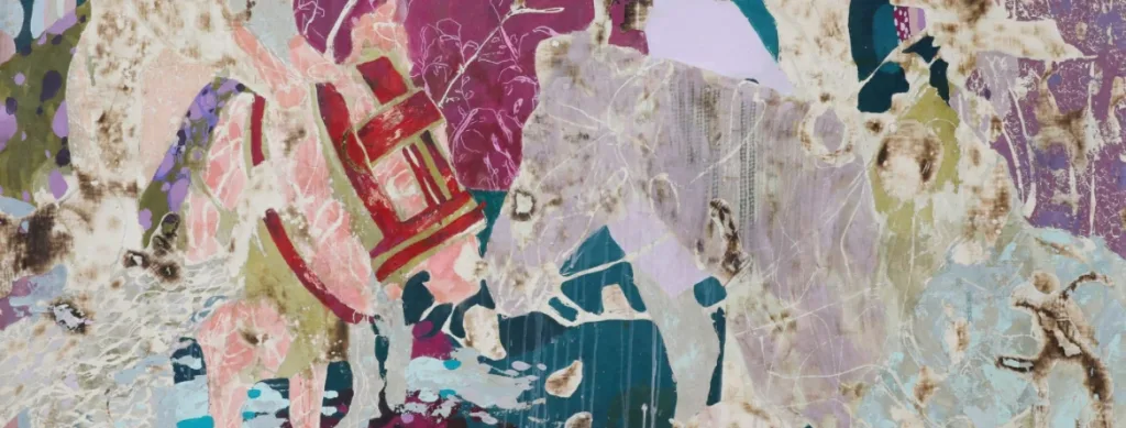 Abstract art featuring horses in muted pastel tones, with vibrant patterns and textures creating a dynamic and whimsical atmosphere.