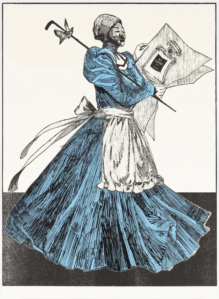 Hatching-style drawing of a woman in a blue dress and white apron, holding a large paper with a Chanel perfume image and carrying a stick with a tied cloth over her shoulder.