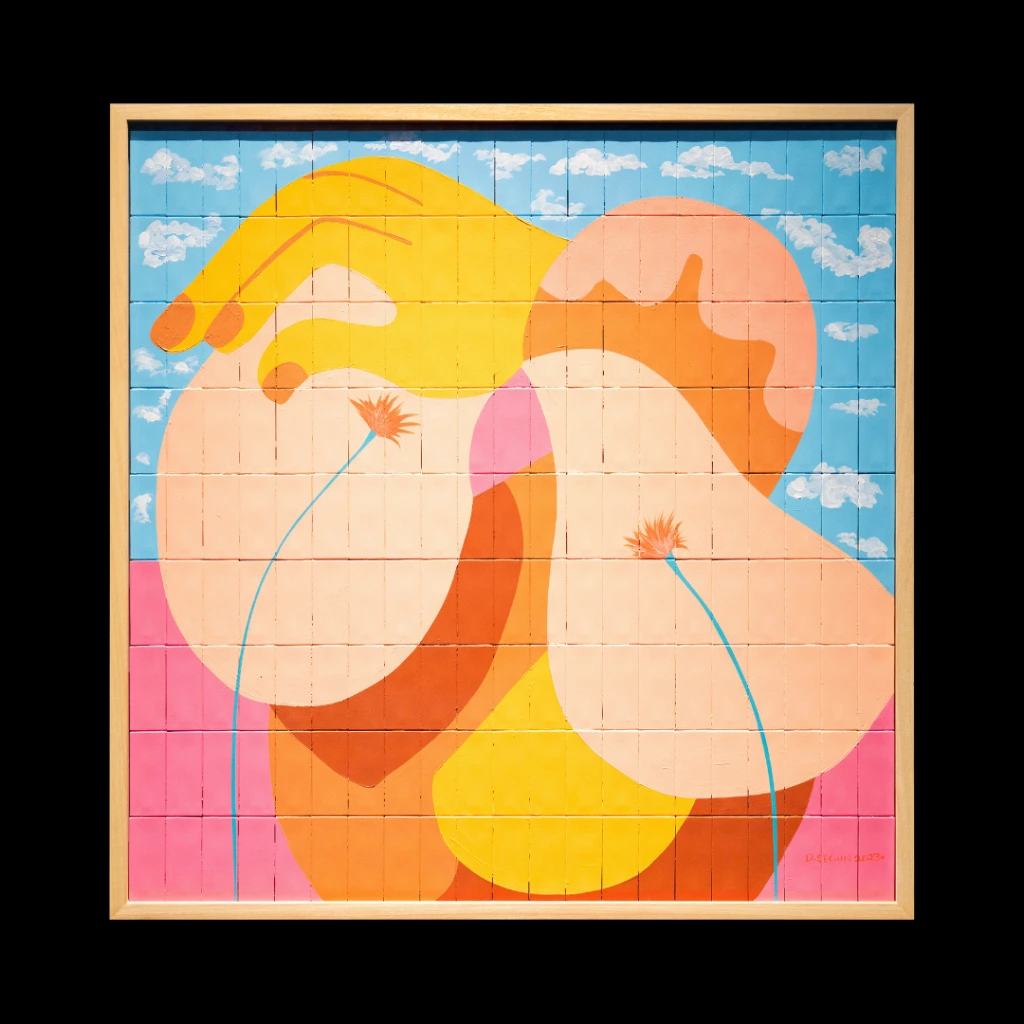 An abstract painting of a hand with petals; with a blue sky at the top half of the background and a pink hue at the bottom half background.