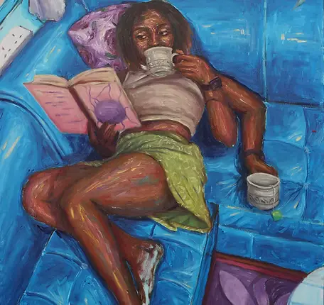 A woman lounges on a blue couch, sipping tea and reading a book. The colorful setting feels relaxed and contemplative, with blue and green tones.