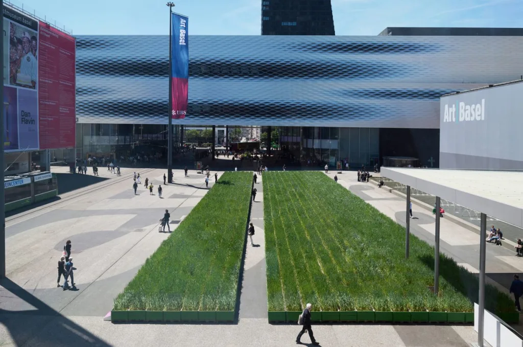 Honoring Wheatfield – A Confrontation, 2024 (installation view, Messeplatz, Basel). Courtesy Art Basel