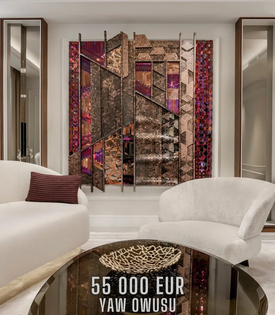 Luxurious living room with a textured, geometric wall art in copper and purple hues. Elegant white sofas and a dark coffee table enhance sophistication.