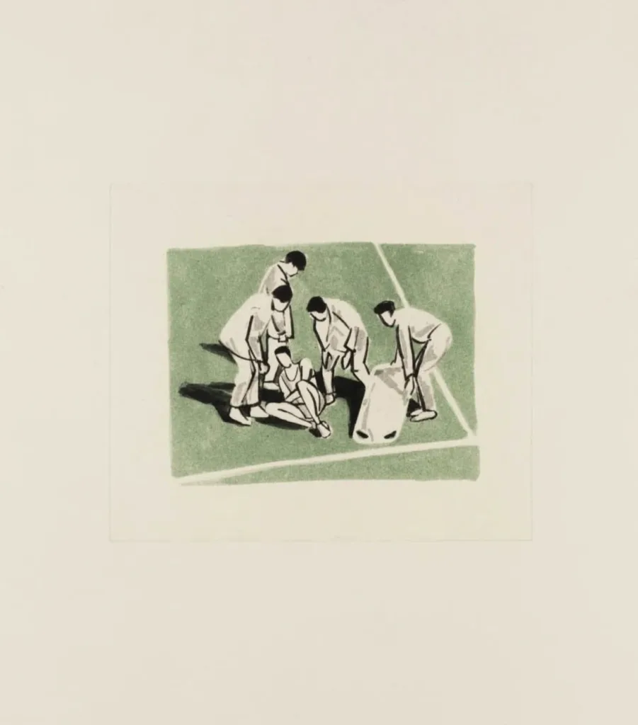 Illustration of five men in white coats attending to a seated person on a green field, creating a sense of urgency and teamwork.