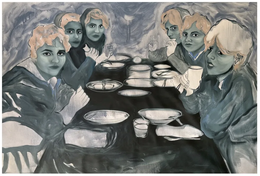 A group of six people with blonde hair and expressionless faces, rendered in cool tones, sit around a table with empty dishes and glasses, conveying a mysterious, somber mood.