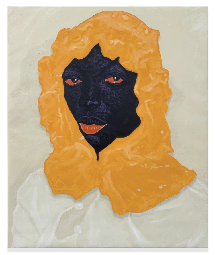 Painting of a person with a dark, textured face and bright orange hair. Wears a beige shirt, set against a beige background.