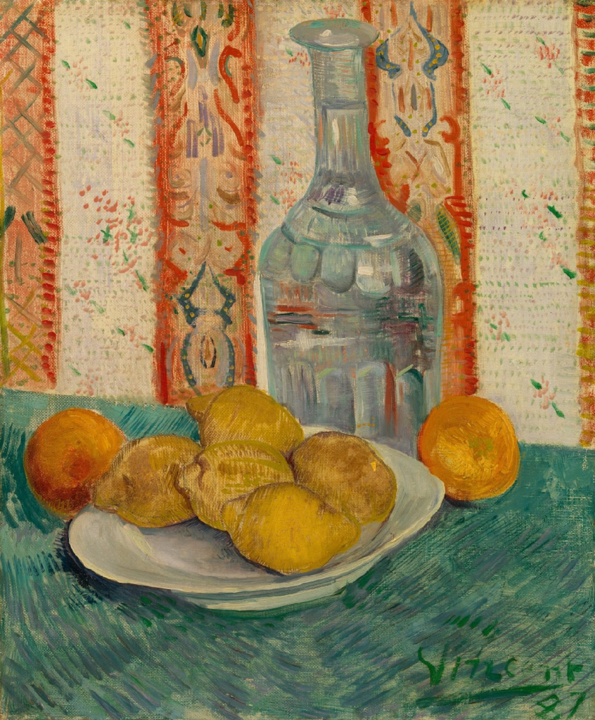 A still life painting features a clear glass carafe, a plate with lemons, and two oranges against a decorative, patterned background with warm tones.