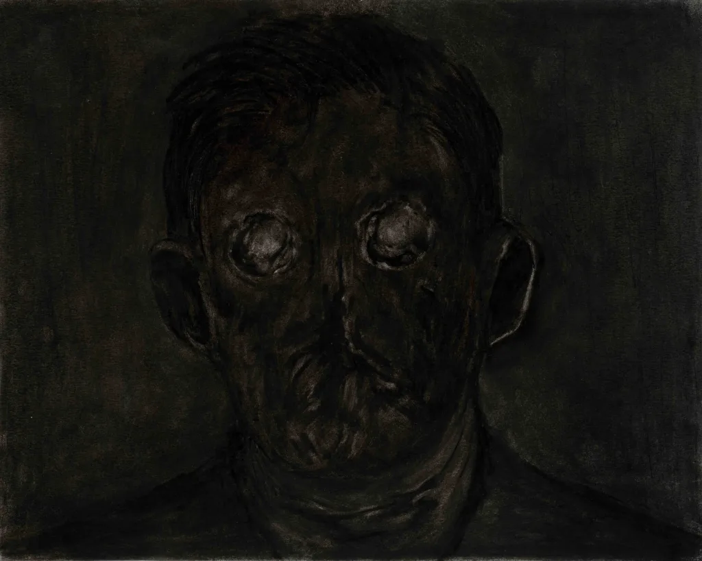 Dark, abstract portrait of a man's face, with hollow eyes and indistinct features, evoking an eerie and somber tone. Background is shadowy.