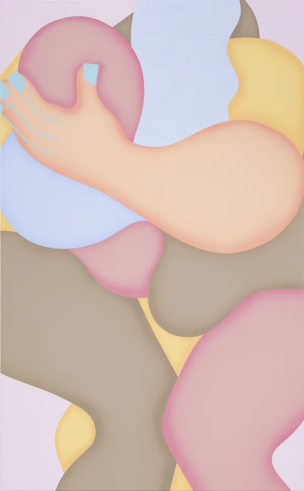 Abstract painting featuring intertwined pastel shapes and forms. A prominent hand-like shape with light blue nails is visible, suggesting a gentle embrace.