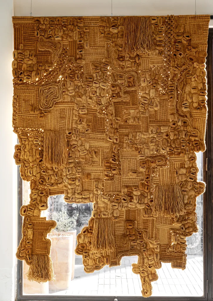 Large woven tapestry with intricate, textured patterns in shades of brown. The tapestry features various shapes and long tassels, creating a rustic, natural feel.