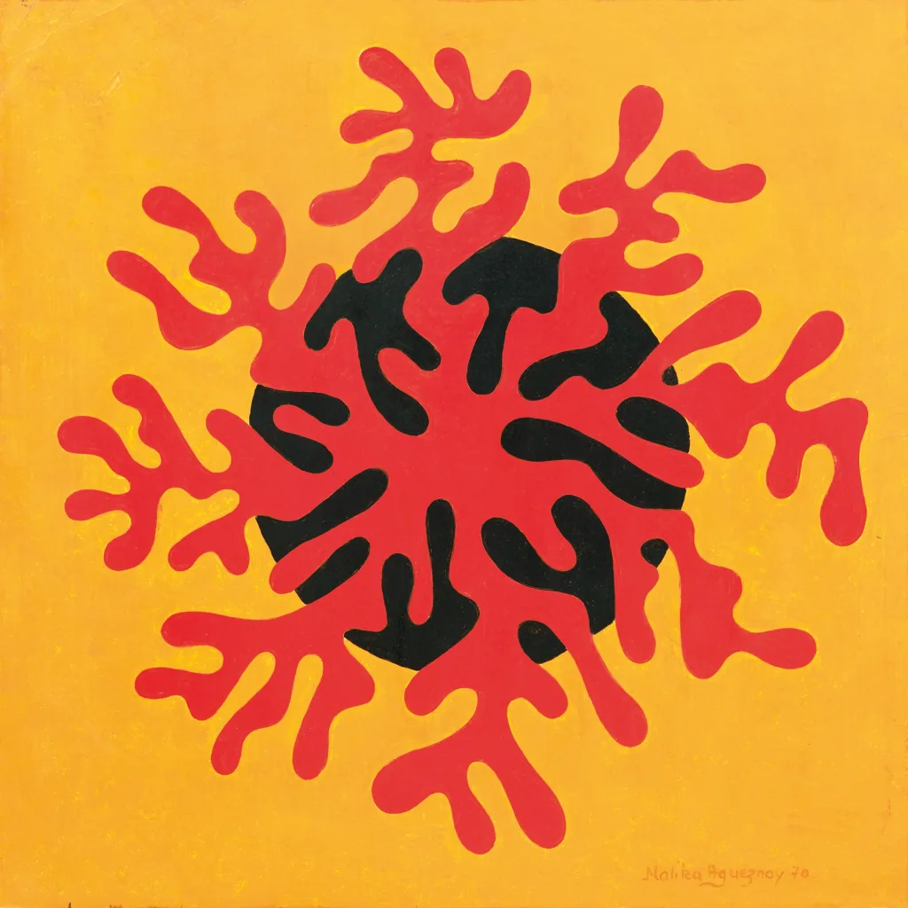 Abstract artwork with red, organic, coral-like shapes surrounding a central black circle on a vibrant yellow background, conveying a sense of energy.