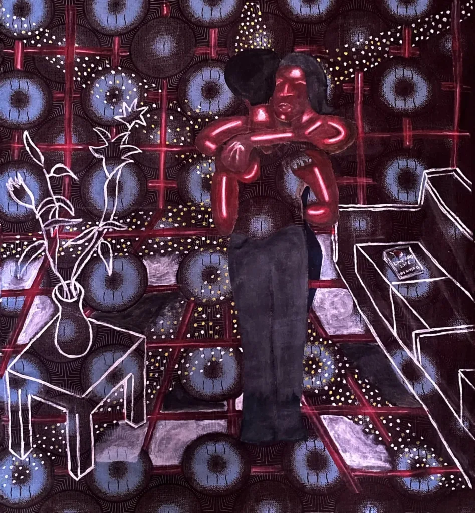 An artwork featuring a woman hugging a figure and surrounded by a warm red and purple glow in a cozy, softly lit room.